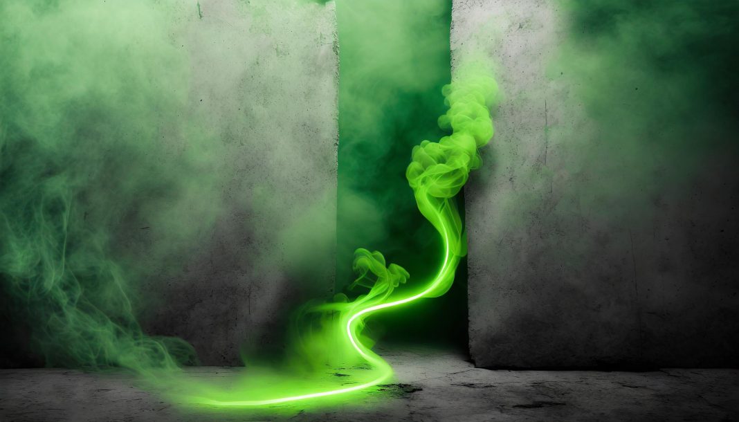 Firefly Neongrüner rauch schlängelt sich durch einen Riss in einer betonmauer 50048