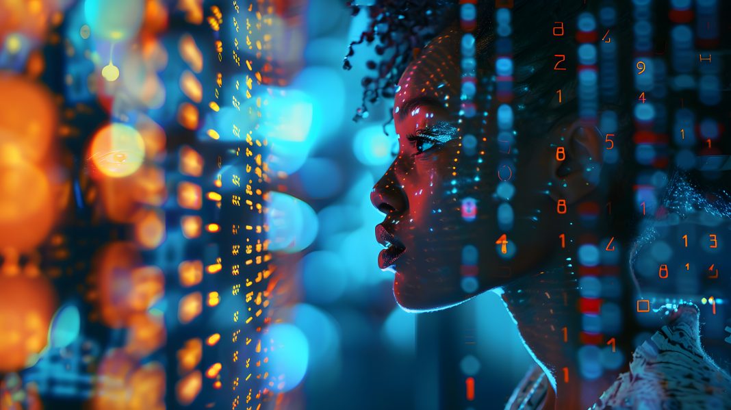 AI cyber security threat illustration, black african american female IT specialist analysing data information technology, augmented reality artificial intelligence collage, matrix numbers, copy space