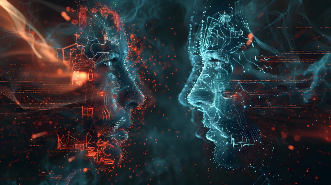 A dramatic digital showdown where two GAN networks, a generator and a discriminator, engage in a creative battle, generating and refining highly realistic doppelgängers amidst a dynamic display of neu