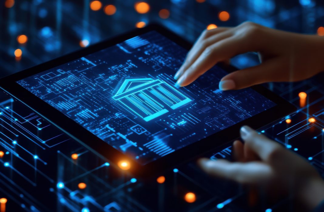 Digital interface displaying a bank icon with a hand interacting on a blue neon background, symbolizing modern banking technology and innovation.