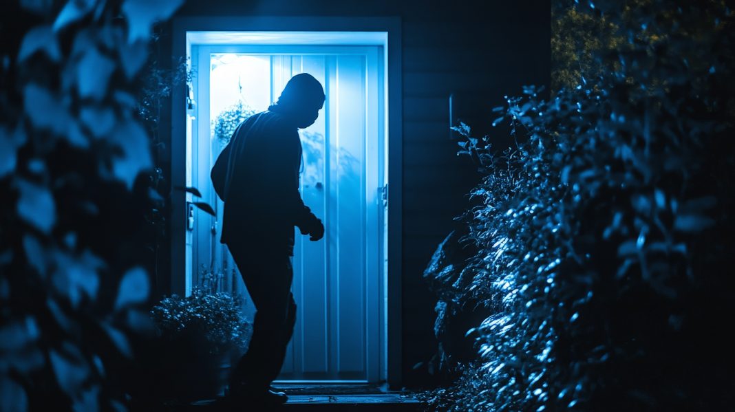 Security camera footage of a masked burglar breaking into a house at night, with grainy visuals and infrared lighting.